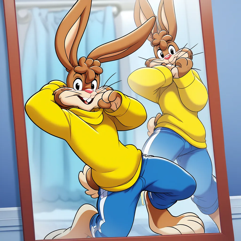 zPDXL3,quicky,4 fingers,brown fur, blue pants, yellow winter sweater, French style, posing in the bathroom mirror, handsome 25 year old adult, 6 feet tall, cute version of quicky, cute rabbit hair, furry, rabbit, male, femboy, slim,solo,looking_at_viewer, ...