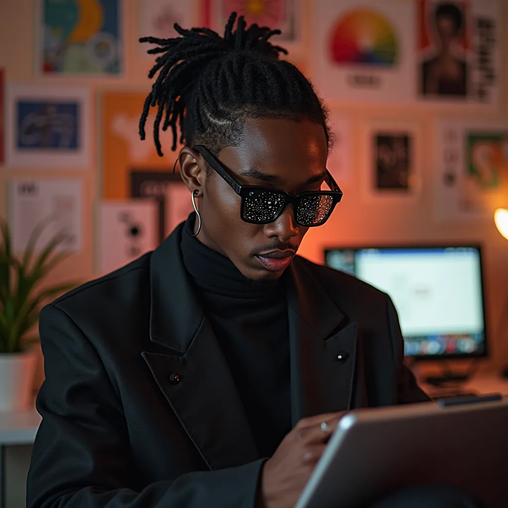 The model is wearing glass sunglasses wit"A stylish, androgynous Black graphic designer with neat, well-maintained dreadlocks, sitting in a modern, creative workspace. They are wearing trendy, minimalist clothing—perhaps a sleek turtleneck or an oversized ...