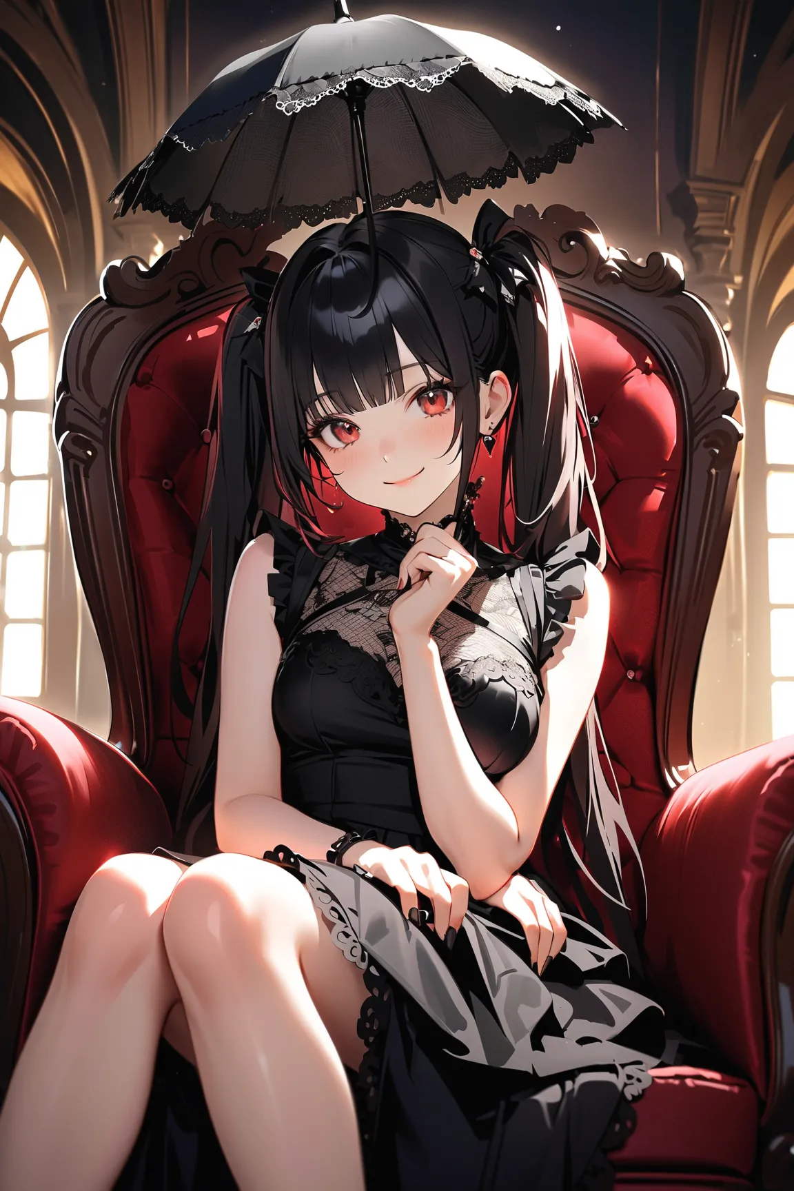 1 girl, (cute face), gothic lolita, (long black hair), twin tails, (jolly, smile), medium breasts, slim, (wearing a black lace dress with frills), knee length, (porcelain skin), 
BREAK 
Victorian-style room, ornate furniture, (holding a parasol:1.2), (sitt...