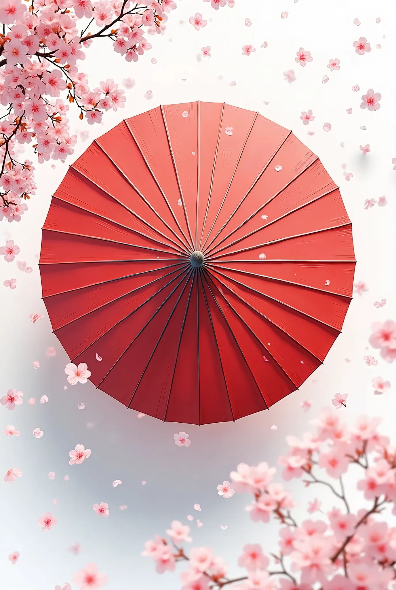 Top view of a red Japanese umbrella、Cherry blossoms on an umbrella、White background design 