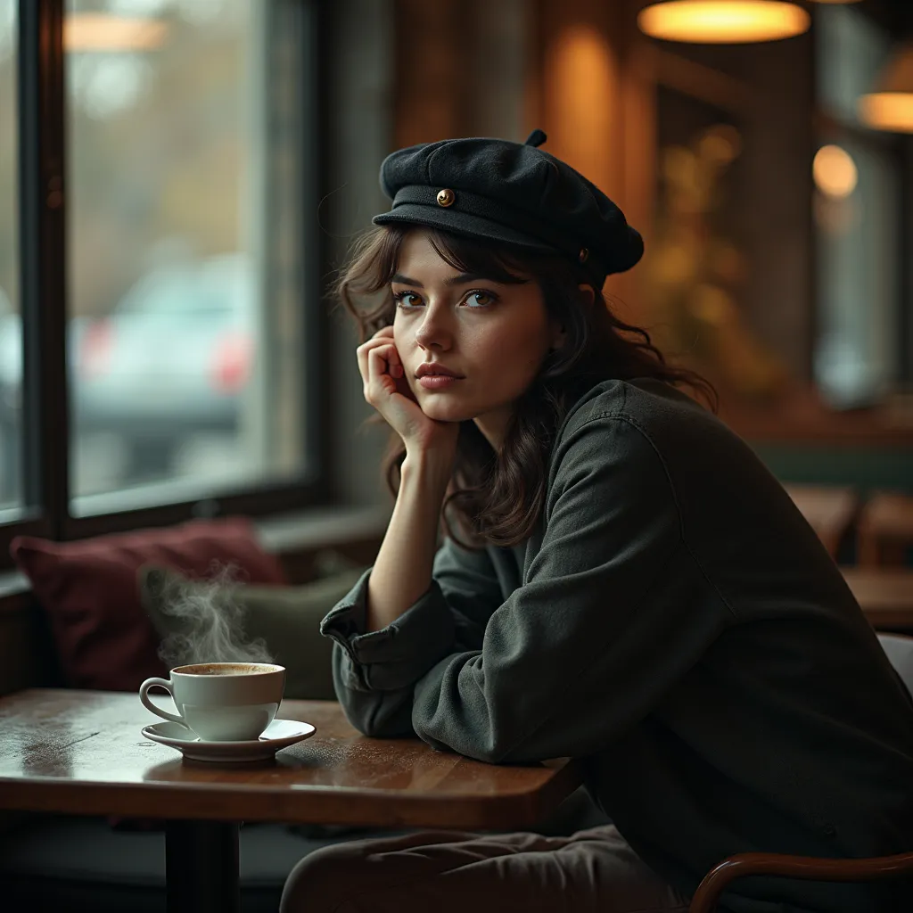 a woman that is waiting on a table, movie still of a tired, sitting alone in a cafe, waiting for someone, woman very tired, wearing a french beret, sitting in a cafe alone, looking tired, shot on leica sl2, lost in thought, thoughtful, portrait shot, sitti...