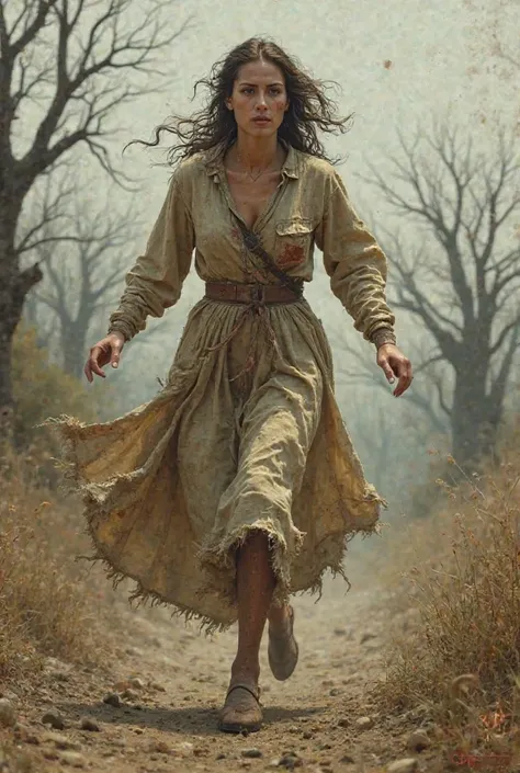  long sleeves and long tail, a woman wearing an old dress with a patch and running
