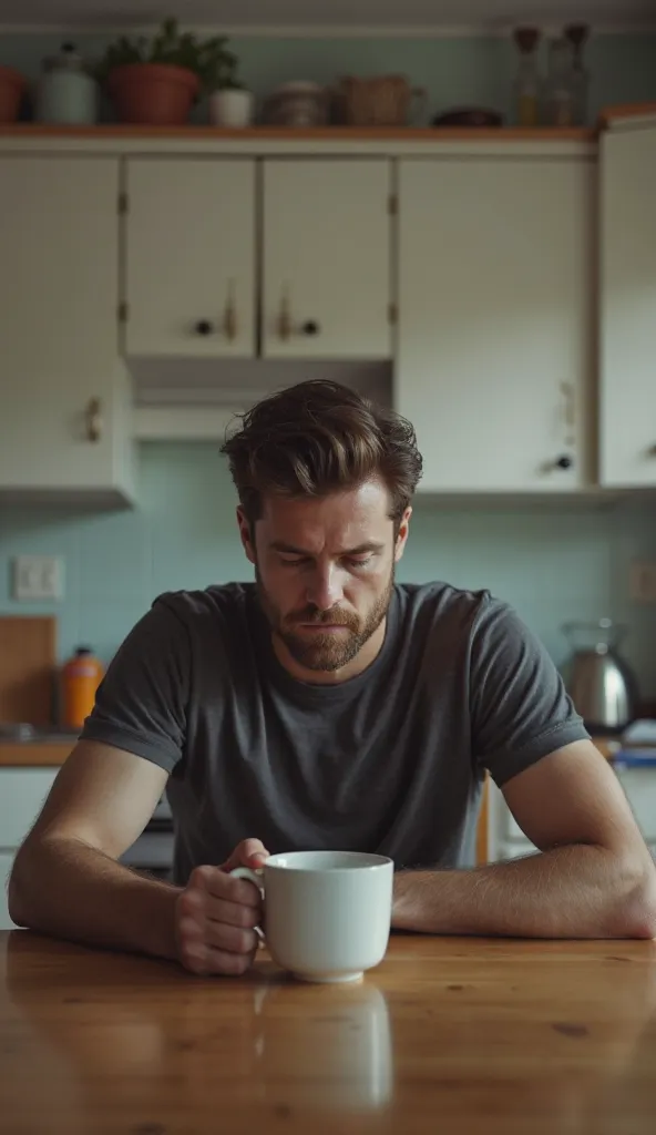 "A man sitting alone at a kitchen table, staring blankly at a cup of coffee. His face is full of sadness and frustration, surrounded by an empty house with a sense of loneliness. The kitchen is neat but lacks warmth, reflecting the emptiness in his life."
