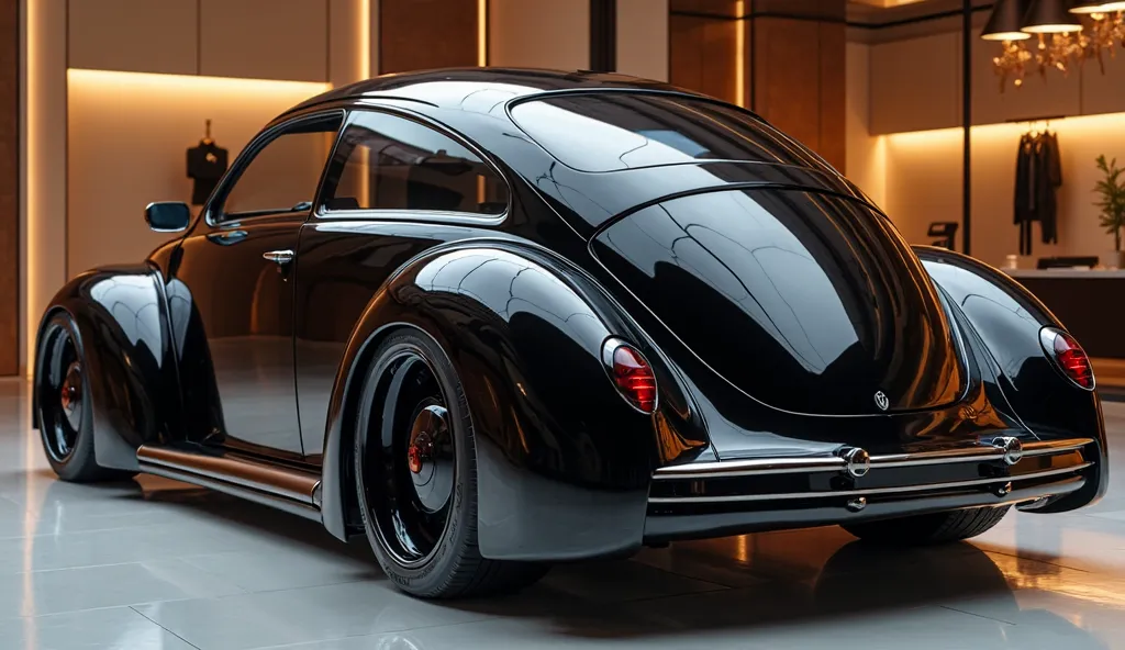 A back side   full HD gleamy shiny black 
 2025 Volkswagen beetle Pickup 
 in shiny luxury showroom 