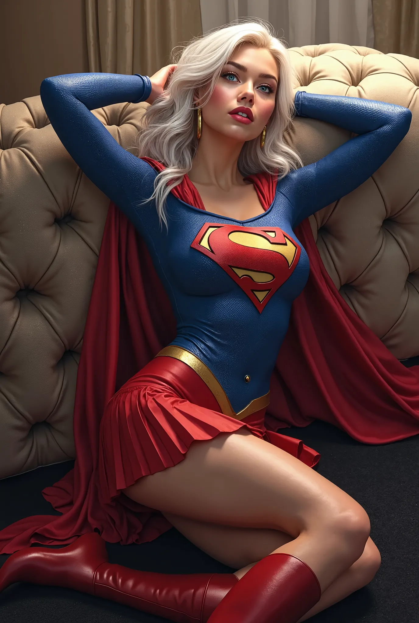  Hot and sexy sporting Supergirl with white hair and blue eyes in classic supergirl costume supergirl emblem S on chest, red short skirt in pleats and cape. SUCH SEXUAL SUPERGirl lying on a black carpet in a hotel room in a sexy pose with her hands behind ...