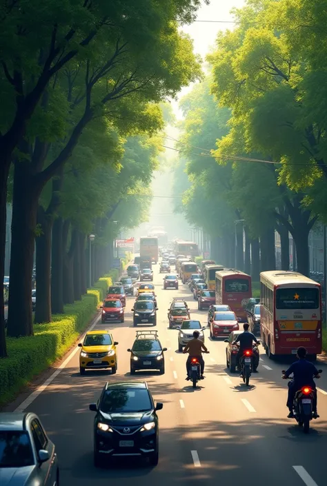 main road in running vehicles. left side trees 