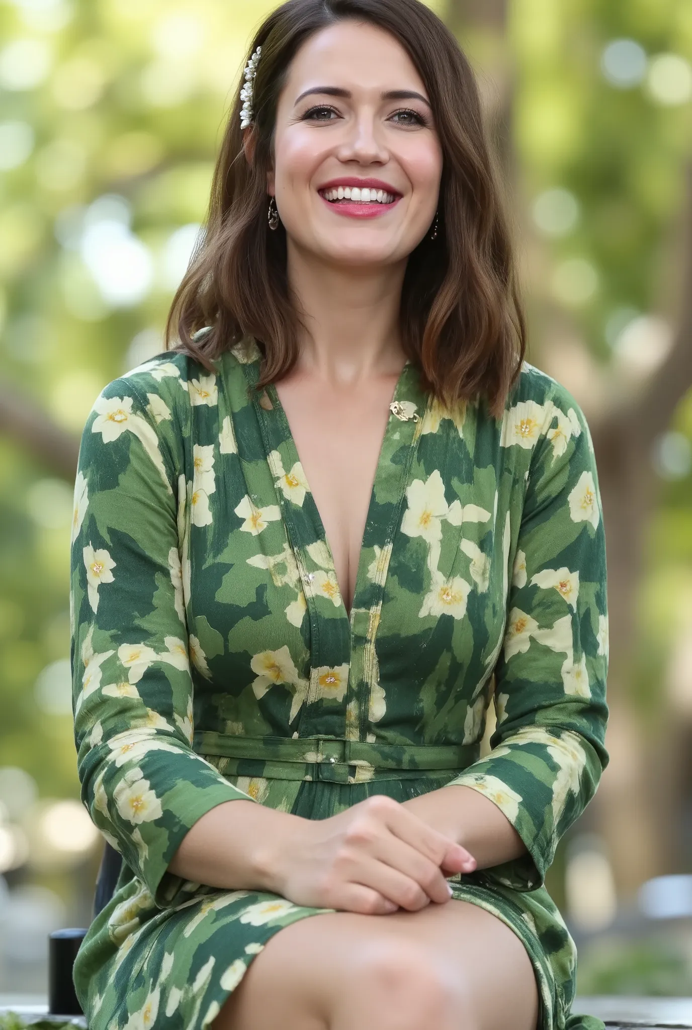 best quality, highres, 8k, masterpiece, photography, detailed midbody photorealistic portrait. Mandy Moore wears a green yukata featuring hand-painted lotus motifs, symbolizing purity and spiritual growth. The fabric is light and comfortable, with subtle g...