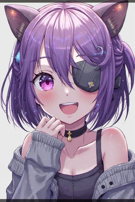 Solo, 1girl, Blush, Smile, Open Mouth, Short Hair, Simple background, Hair Between Eyes, Jewelry, Purple Eyes, Hair Ribbon, Ponytail, High Quality, High Details, Masterpiece, High Resolution, Textured Skin, Cat Ears, Headphones, Eyepatch, Glowing Light, Re...