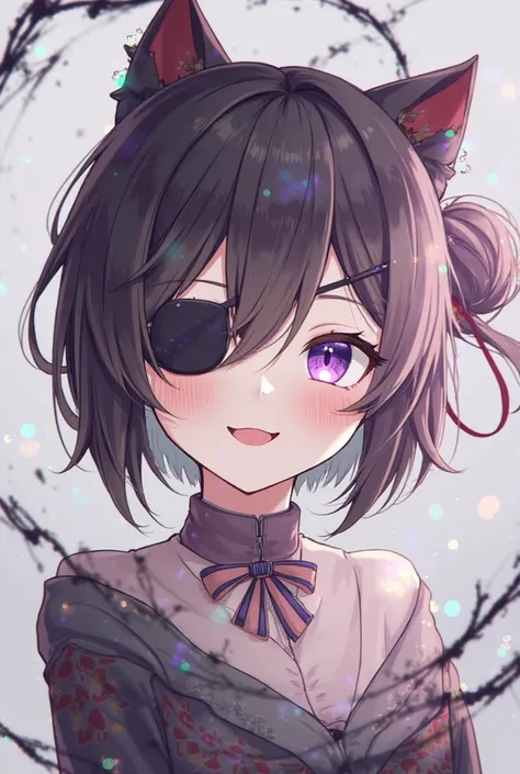 Solo, 1girl, Blush, Smile, Open Mouth, Short Hair, Simple background, Hair Between Eyes, Jewelry, Purple Eyes, Hair Ribbon, Ponytail, High Quality, High Details, Masterpiece, High Resolution, Textured Skin, Cat Ears, Headphones, Eyepatch, Glowing Light, Re...