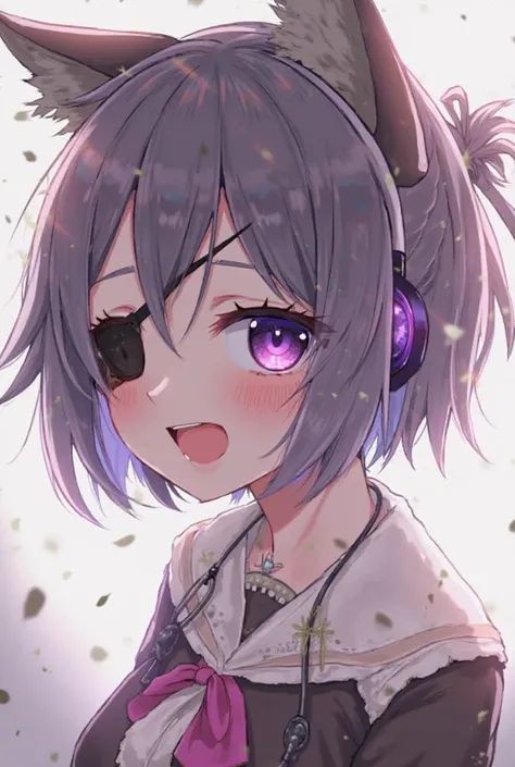 Solo, 1girl, Blush, Smile, Open Mouth, Short Hair, Simple background, Hair Between Eyes, Jewelry, Purple Eyes, Hair Ribbon, Ponytail, High Quality, High Details, Masterpiece, High Resolution, Textured Skin, Cat Ears, Headphones, Eyepatch, Glowing Light, Re...