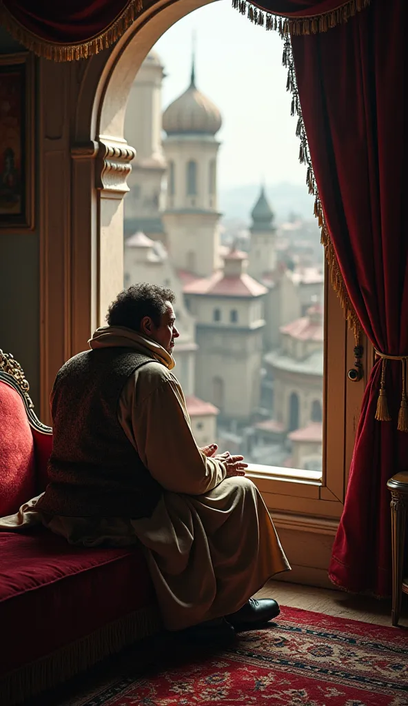 The wealthy merchant sitting alone in his lavishly decorated home, his face a mix of guilt and contemplation as he gazes out at the marketplace from a high window, the contrast between his wealth and loneliness evident.