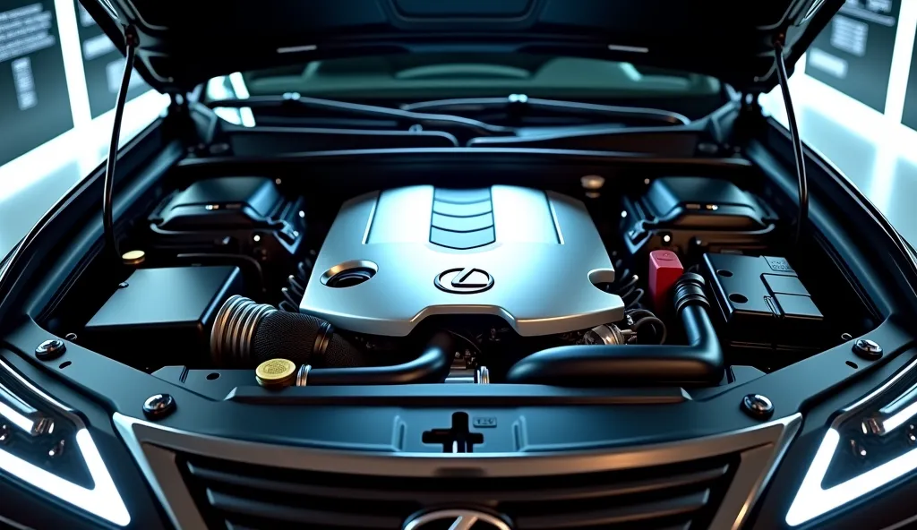 A 4K high-resolution image of the engine bay of the 2025 Lexus LX700h in a luxury digital showroom. The engine is a high-performance twin-turbocharged V6 hybrid system, featuring a sleek engine cover with the Lexus logo. Visible hybrid components, cooling ...