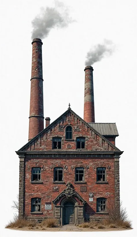 1940s German war factory, isolated object, front view, brick and concrete, tall chimneys with smoke, broken windows, war damage visible, metal roof, propaganda posters, historical realism, no background, transparent PNG style