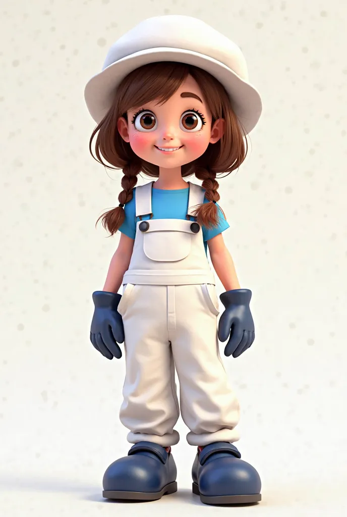 An animated girl with brown hair in 2 braids who wears a white bob ,A blue T-shirt ,white jumpsuits tied only on the left side big dark blue shoes and dark blue gloves .

