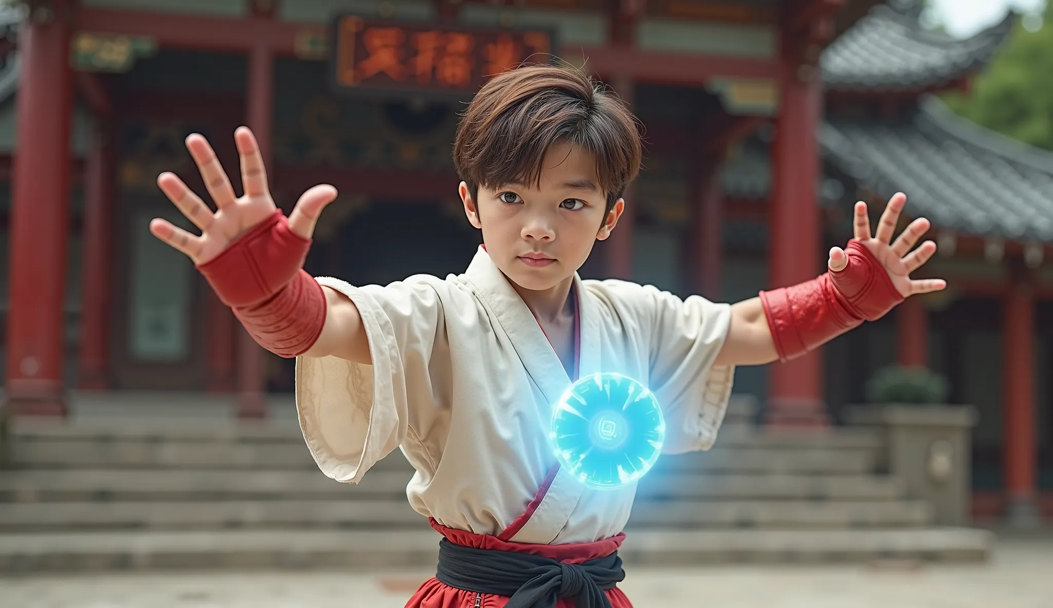 A very cute adult male wrestler with Japanese but young features with short brown hair ,  with classic white sleeveless kimono long red belt on the forehead and black belt on the black waist with red half-open gloves, In combat pose , with a light blue bal...