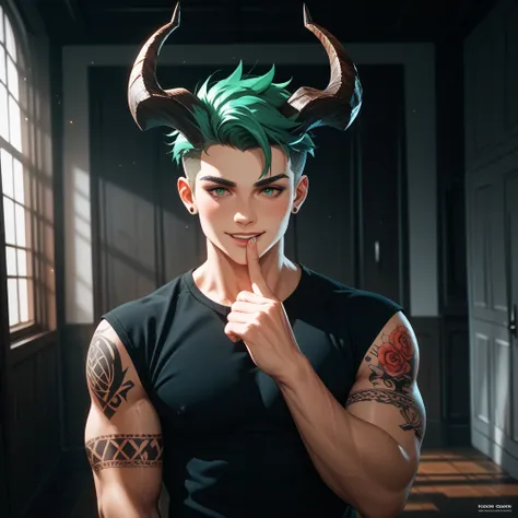 boy　anime style　 muscular　 macho　nightmare　horn　 green hair　 gradation eyes　room　 black shirt 　 tattoo on arm　 inappropriate smile