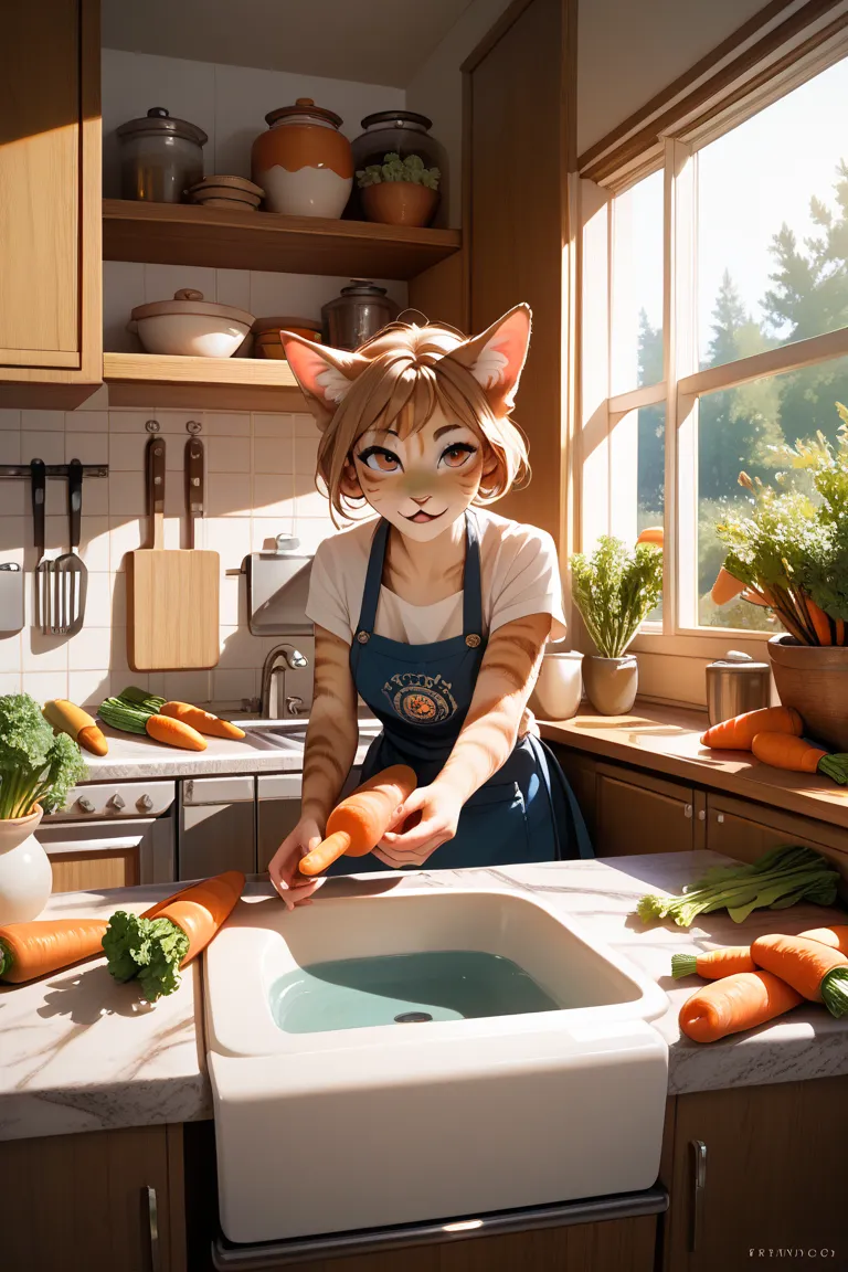 A realistic tabby cat sitting near a kitchen sink, playfully pawing at running water while vegetables (potatoes, carrots) are being washed. The lighting is soft, and the setting is a traditional Japanese kitchen.