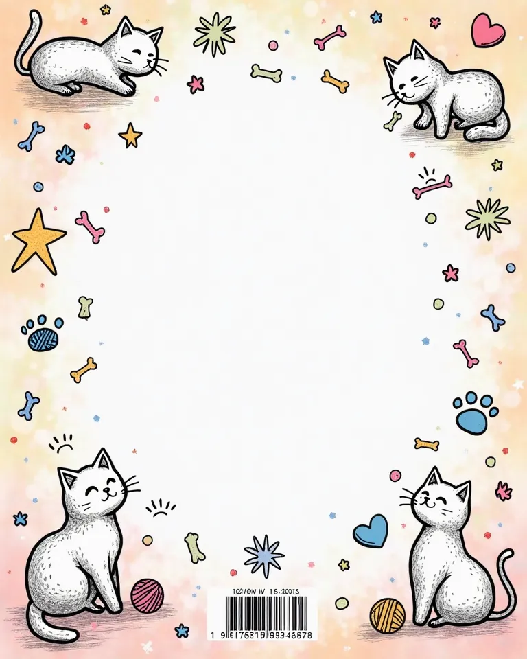 "A whimsical and charming back cover design for a ren's cat coloring book. The background features soft pastel tones, blending smoothly in a gradient style. Playful cat outlines are scattered across the cover — some sitting, others stretching or playing wi...