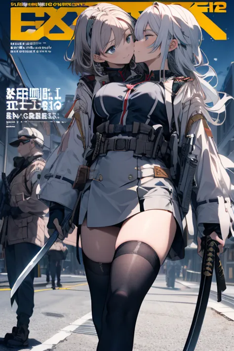 (from below:1.2, Highest quality ),  girls on the left ,   platinum colored hair military uniform  , The dreamer wants purplish blue eye ,(small breasts:1.0),  Lori Does It , (masterpiece:1.2, Highest quality ), (Beautiful  exhaustive depictiOn : 1.2), ( b...