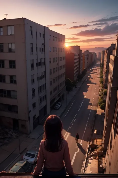 Streetscape burnt by war、Buildings are being destroyed here and there、The sky is creepy with a bright red sunset like burgundy、The girl can be seen from behind looking at the city on the roof of the building in the foreground、The building is mainly shown、４...