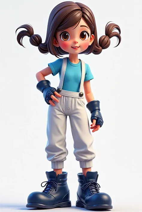 An animated girl with brown hair in 2 braids who wears a white bob ,A blue T-shirt ,white jumpsuits tied only on the left side big dark blue shoes and dark blue gloves.En version anime fortnite 

