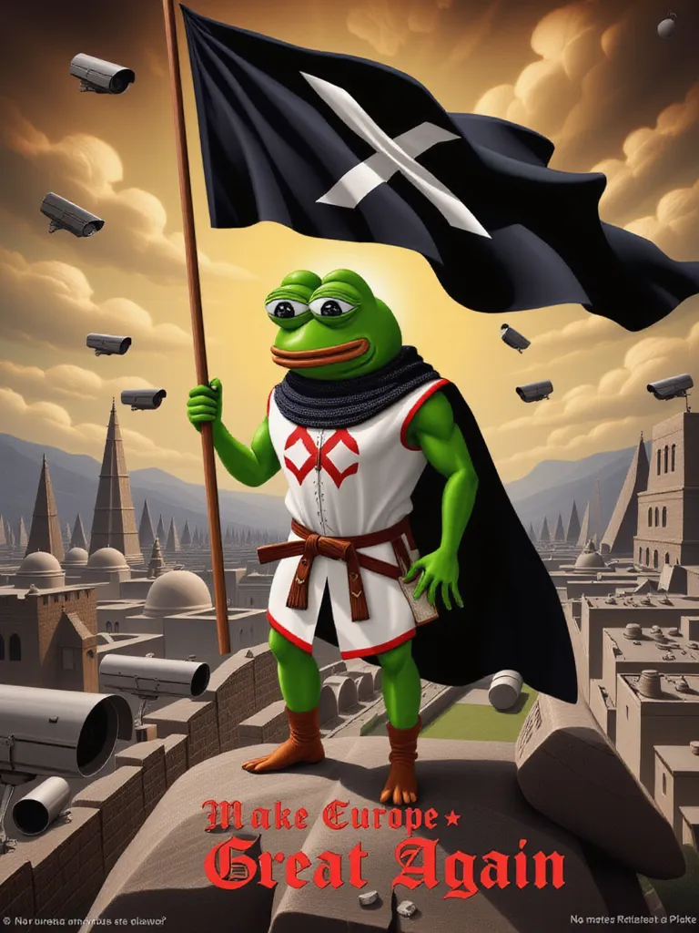 (Masterpiece, best quality, absurdres, best quality,) perfection style, fine art parody, oil painting, renaissance, propaganda poster, pepe, confident, stoic, looking up, cartoon frog, dressed up as a crusader, standing, planting down a black flag with a w...