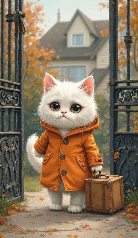 cute white cat (dressed orange jaket) she walks out the gate of the house with a sad face while holding her suitcase bag