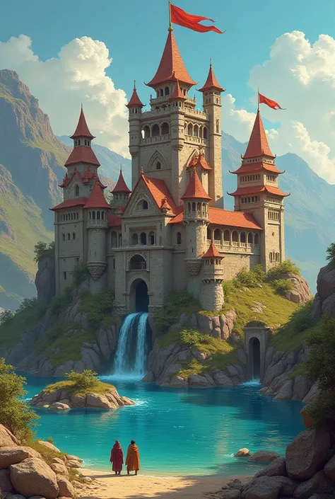 let this castle be surrounded by a pool? Let the background be cool? Let the background be cool? Let there be a monk wearing a king's crown at the top of the palace, let it be dry and let it say Honuristan at the bottom?,Can you draw a flag like this