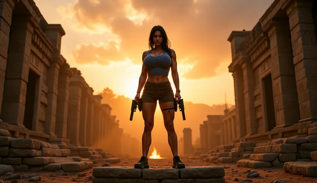 As the dust settles and the remnants of her perilous journey lie behind her, Lara Croft stands tall, her powerful silhouette framed against the backdrop of a breathtaking golden-hour sky. The sun, dipping below the horizon, casts a dramatic, warm glow over...