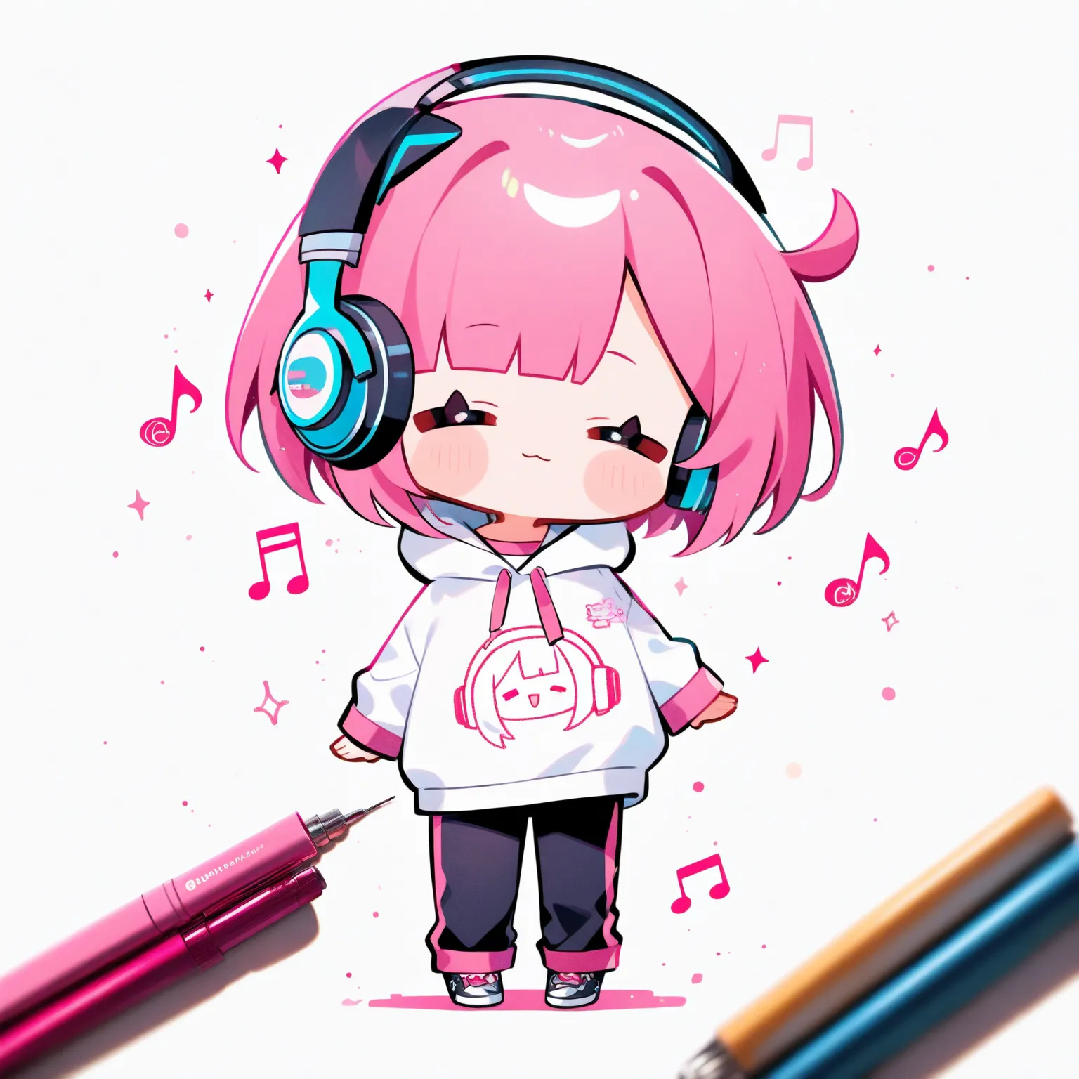 coloured drawing digital art of a cute Chibi anime girl. Black and pink hair, wearing a white hoodie and pants and with headphones on. White background. Character is in the middle of the drawing, listening and humming to music.