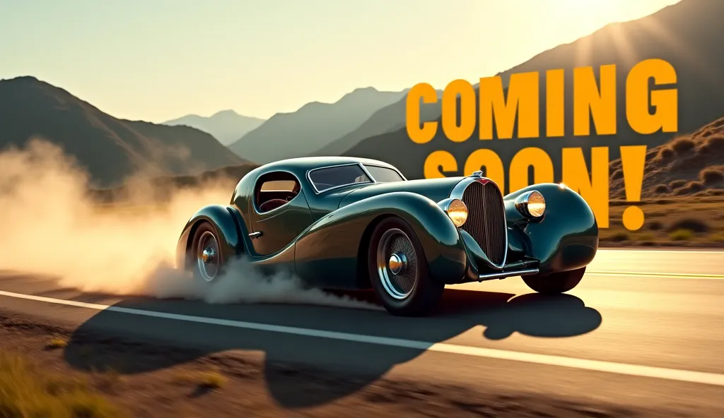 Prompt: "A stunning vintage Bugatti Type 41 Royale is executing a dramatic drift on an open road, kicking up a massive cloud of dust from its rear tires. The car's long, luxurious body, elegant curves, and chrome details gleam under the warm sunlight. Its ...