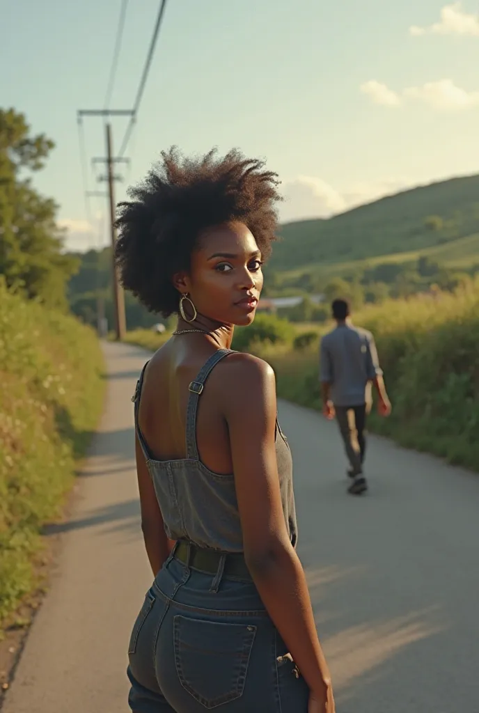 Jeune femme noire sur la route, elle attend un jeune homme noir qui arrive vers elle 