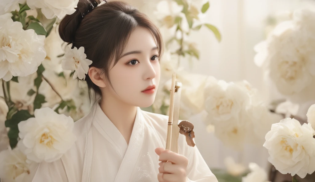 "Create an image of a woman in a light-colored Hanfu, holding a Pipa, surrounded by white roses, soft and diffused light, serene and elegant atmosphere."