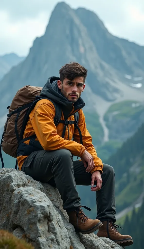 a young hiker sitting on a rock with a fear on his face in the mountain close up face shot ultra realistic, cinematic, 4k