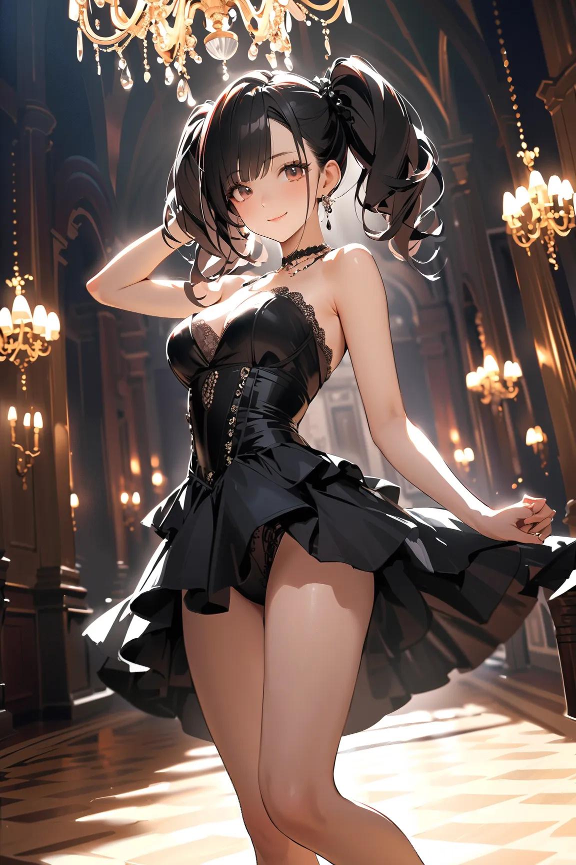 1 girl, (cute face), gothic lolita, (long black hair), twin tails, (cheerful expression), medium breasts, slim, (wearing a black corset dress with lace), knee length, (porcelain skin), 
BREAK 
lavish ballroom, chandeliers, (dancing gracefully:1.2), (elegan...