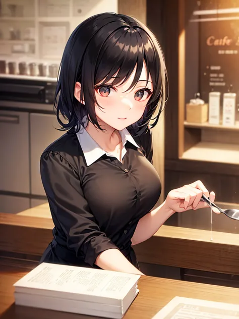 older sister　Cafe Background　　 cafe clerk　 black hair　medium hair　40 years old　 aunt　Night Cafe Mysterious　mature　 sexy　 there is little exposure