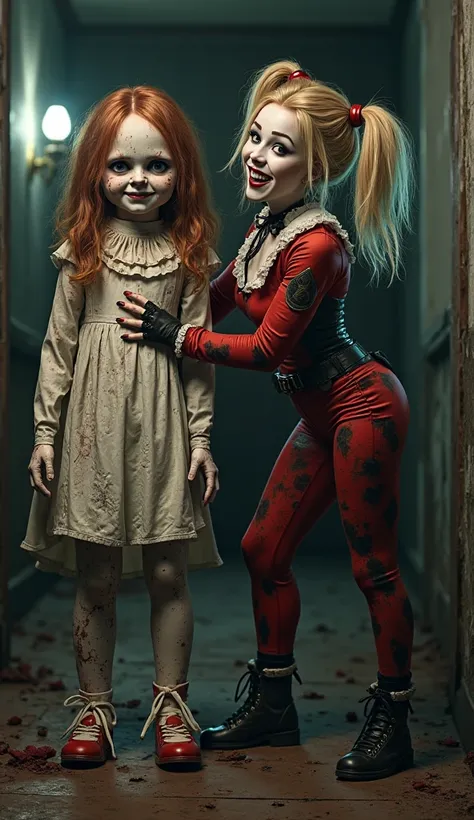 posing together, blending Harley’s chaotic, playful energy with Annabelle’s eerie, sinister