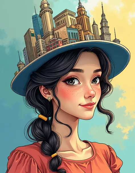 full color, coloring book, unique, hand-drawn, sketched, images that have a city on a hat that a young beautiful lady is wearing --ar 3:4