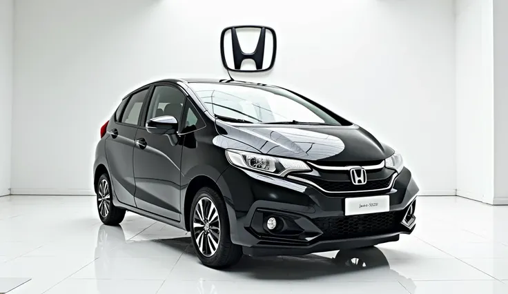 A photo of a bright (  black) (2025 Honda Jazz  )  in a luxurious white showroom. The car'fron side view visible. The (company) badge is prominently displayed large on the wall behind the car. The floor is spotless white.