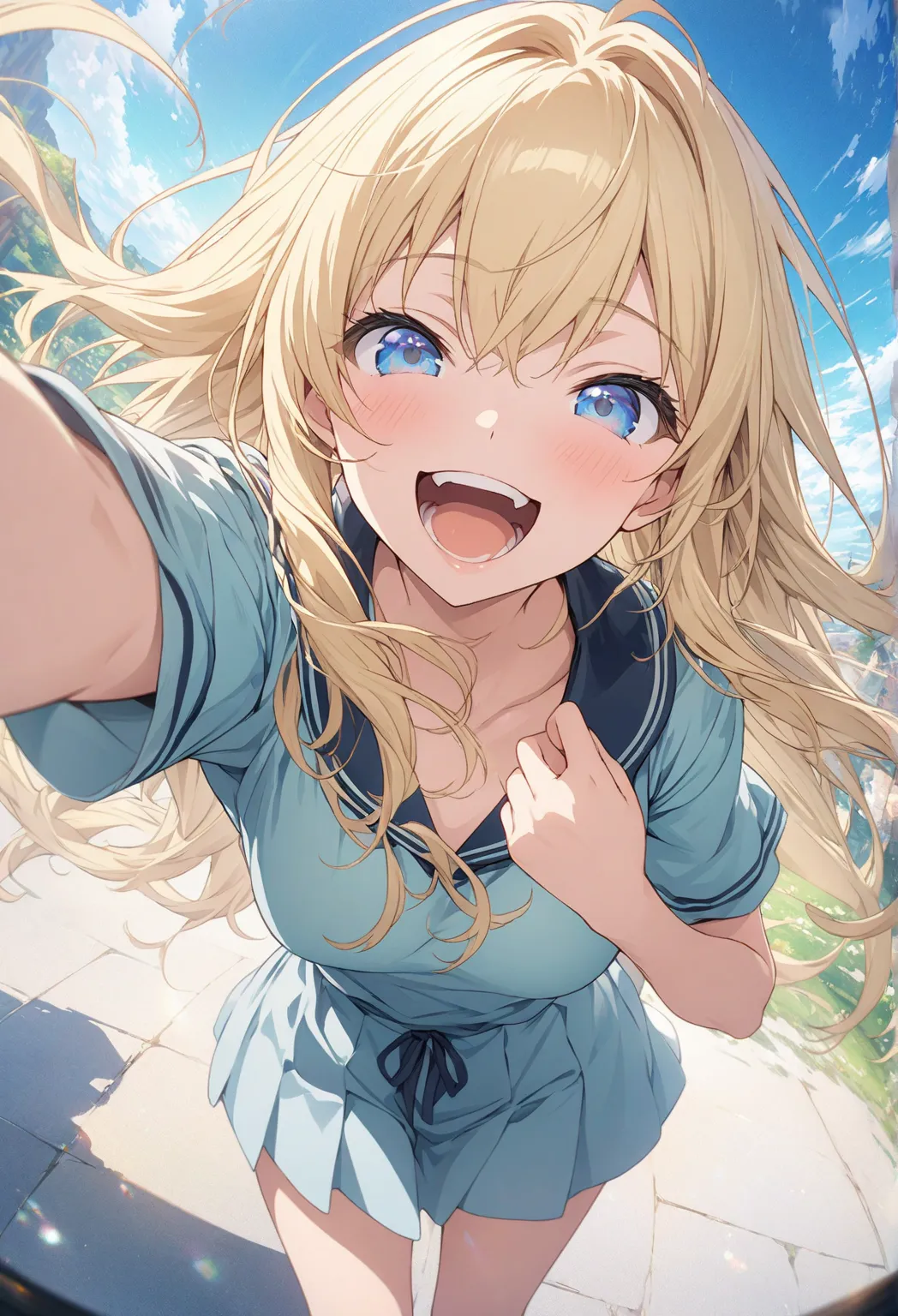 masterpiece, Highest quality, Highly Detailed CG Unity 8k Wallpaper, blue sky, anime illustration of a high school girl. Sexy Poses、Close your eyes、opening your mouth, smile.  The background is a pastel colored landscape,  Blonde Color ,long hair、hair flut...