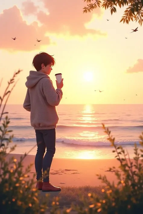 Beach sunrise a  person drinking coffee birds singing and dew on leaves