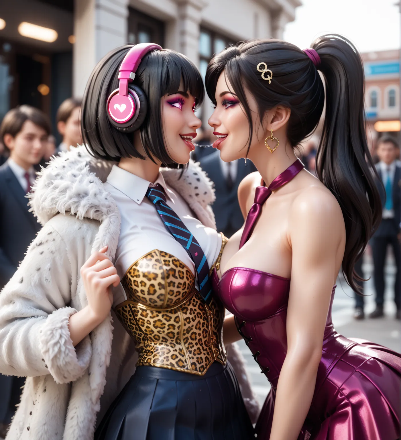   Mom and daughter  ,   in extremely tight-fitting , glittering , , bob cut,    black hair ,  reflection ,    reflecting light  ,   high resolution ,   masterpiece,   are in the crowd , frightened,  glowing eyes ,  smile, saliva, salivafluss, salivaspur,  ...