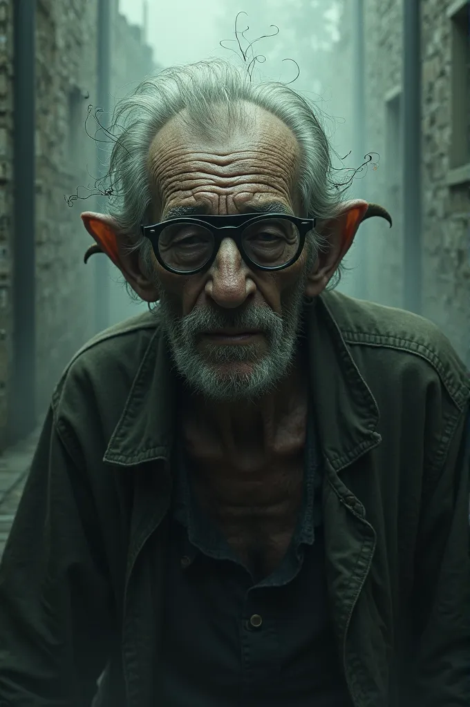 Crazy and strange and dirty old man, with glasses, dark demonic aura