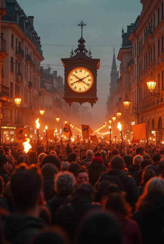 A powerful protest scene in Romania, thousands of people marching with banners and torches, a giant clock ticking towards midnight in the background, intense expressions of determination on people's faces, city streets filled with energy, epic cinematic co...