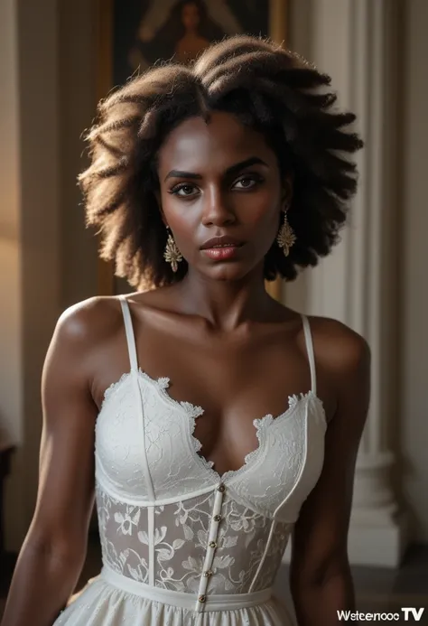 nsfw, close up, open legs pose, ((instagram photo)) Full body photo of a beautiful 28 year old girl. ((African woman)) wearing white lace dress, strong ((girl boss)) fierce in a ((Game of Thrones TV series and fictional city of Westeros)) (very detailed sk...