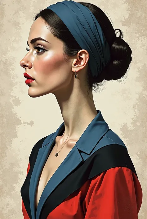 ```
[Portrait de profil d'une figure féminine stylisée. Son visage est composé de formes géométriques et de textures, avec un seul œil sombre visible. elle porte un haut bleu sarcelle, décolleté impressionnant,  blouse victorienne , la partie rouge un cerc...