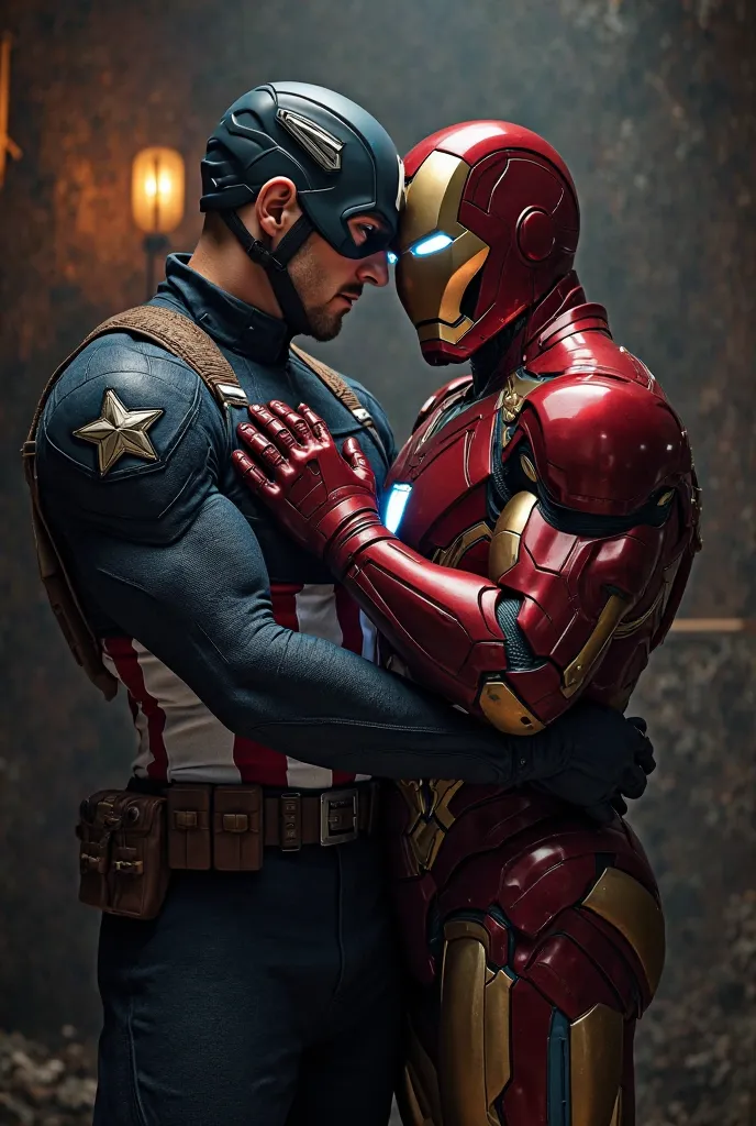 Captain America kissing Iron Man passionately and touching the bulk of his reproductive system 