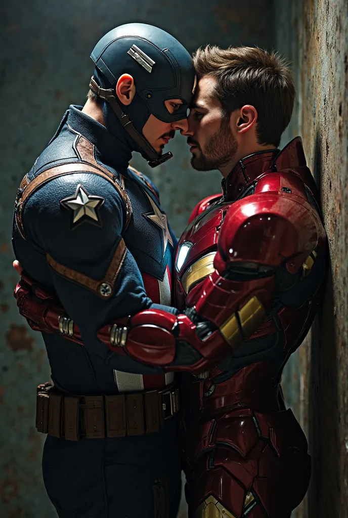 Captain America kissing Iron Man passionately and touching the bulk of his reproductive system 