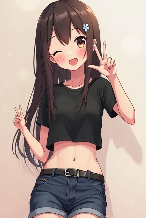 a tall anime cute high school daughter, as she wears a black crop top with short sleeves as it shows her stomach having visible abs, and she is wearing jeans shorts that are slightly dark, as the jeans shorts has a black belt, as she has long straight dark...