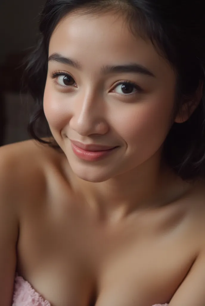 A close-up photo of young woman. Big breast,, She is looking at the viewer with bright and loving eyes. She is leaning forwardal. Close-up of face, very detailed. She is naked. Hasselblad H6D-400c MS, low exposure, high contrast, ISO 100, with a 120mm macr...